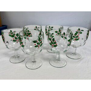 Bartlett Collins Indiana Glass Thumbprint Holly Berry Goblets - Lot of 6 EUC Vtg